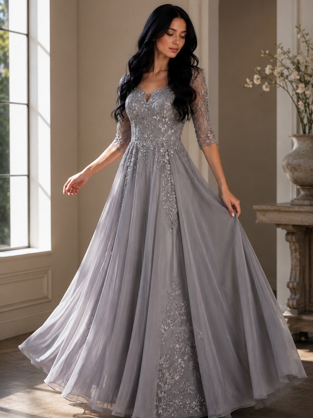 Cicinia Silver Sequined Lace Chiffon A-Line Mother of the Bride Gown Size 16 CC